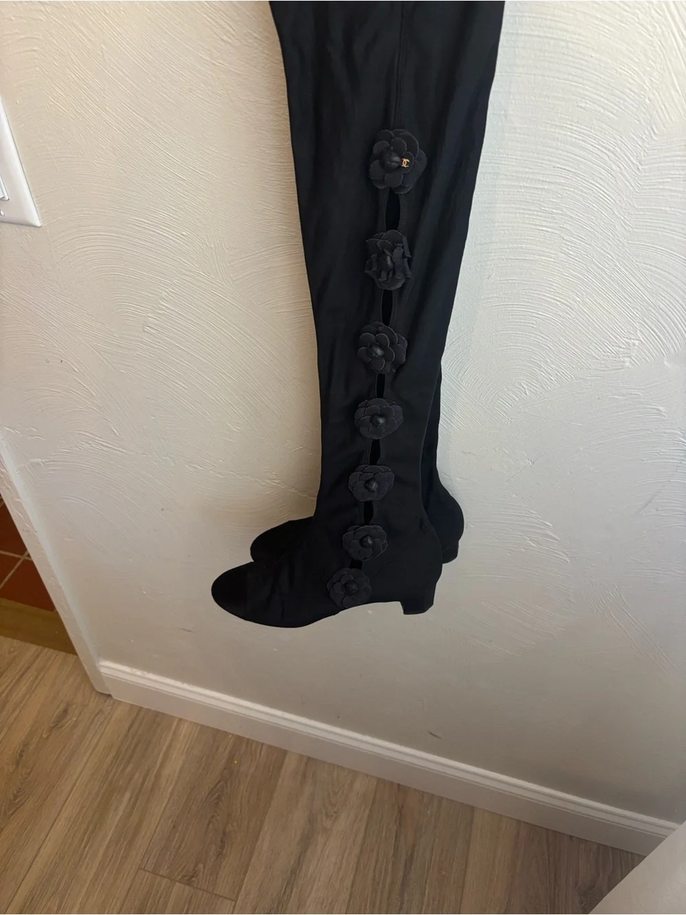 Chanel Camellia Flower Boots -thigh, highs black signature